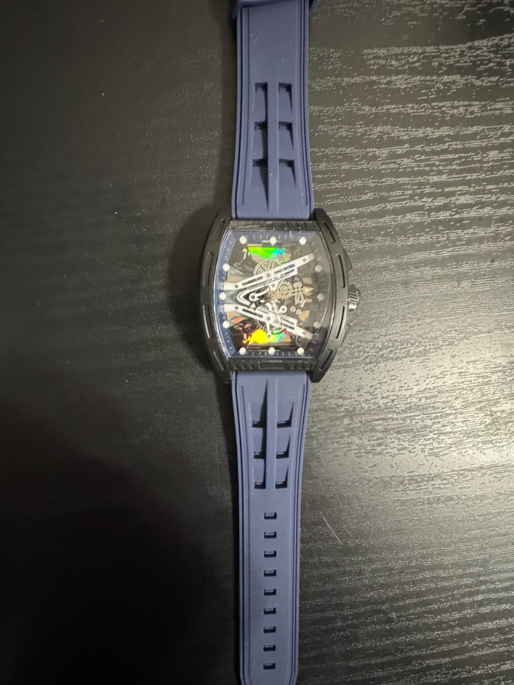 Skeleton Dial Black Case Blue Strap Men's Mechanical Watch